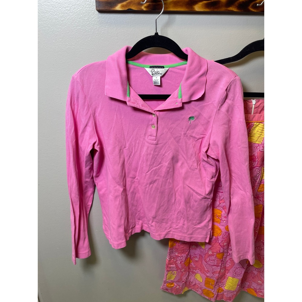 Lilly Pulitzer Pink Shrunken Polo Shirt and Monkey Print Shift Dress Set M